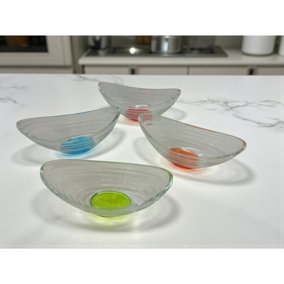 vintage 2pc. salad/desert bowl set boat shaped clear ribbed glass with green and - Picture 1 of 8